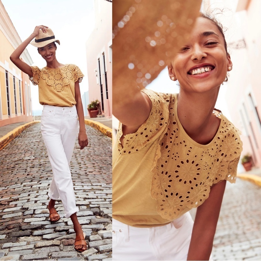 J Crew • Embroidered Eyelet Flutter-sleeve T-shirt scalloped yoke lace yellow
